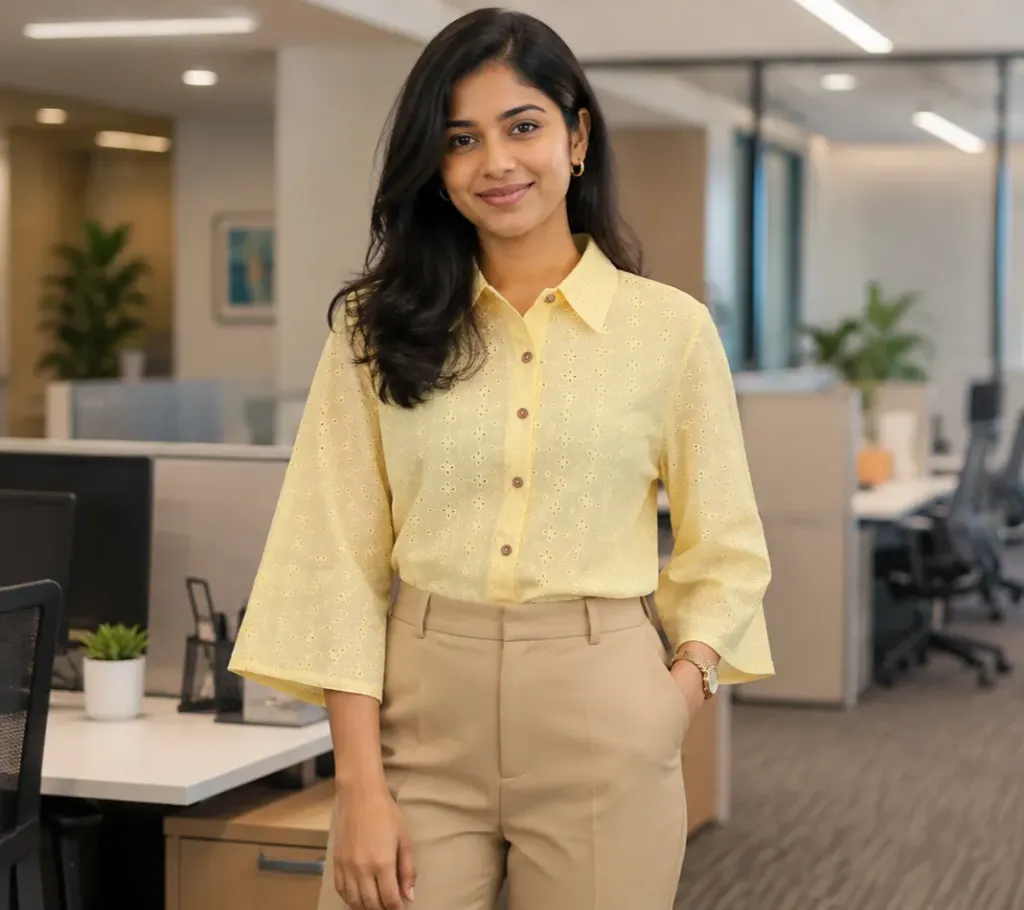 Women's Yellow Eyelet Embroidered Office Shirt