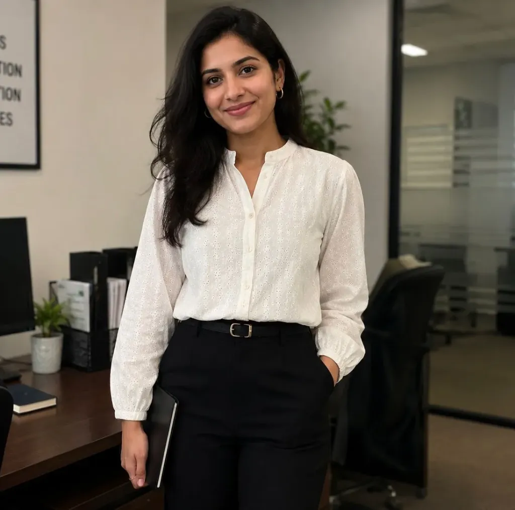 Elegant White Embroidered Office Wear Top